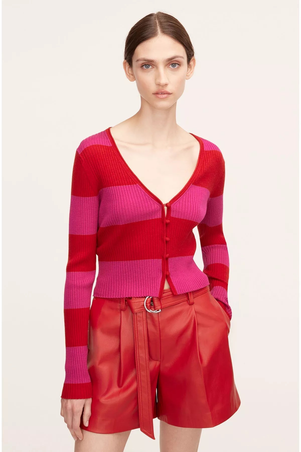 Rib Merino Striped Cropped Cardigan | Crimson Stripe