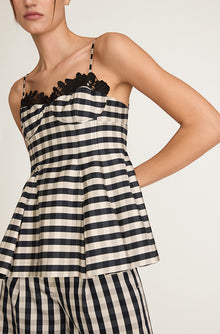 Gingham Twill Embroidered Bustier Tank | Black Combo