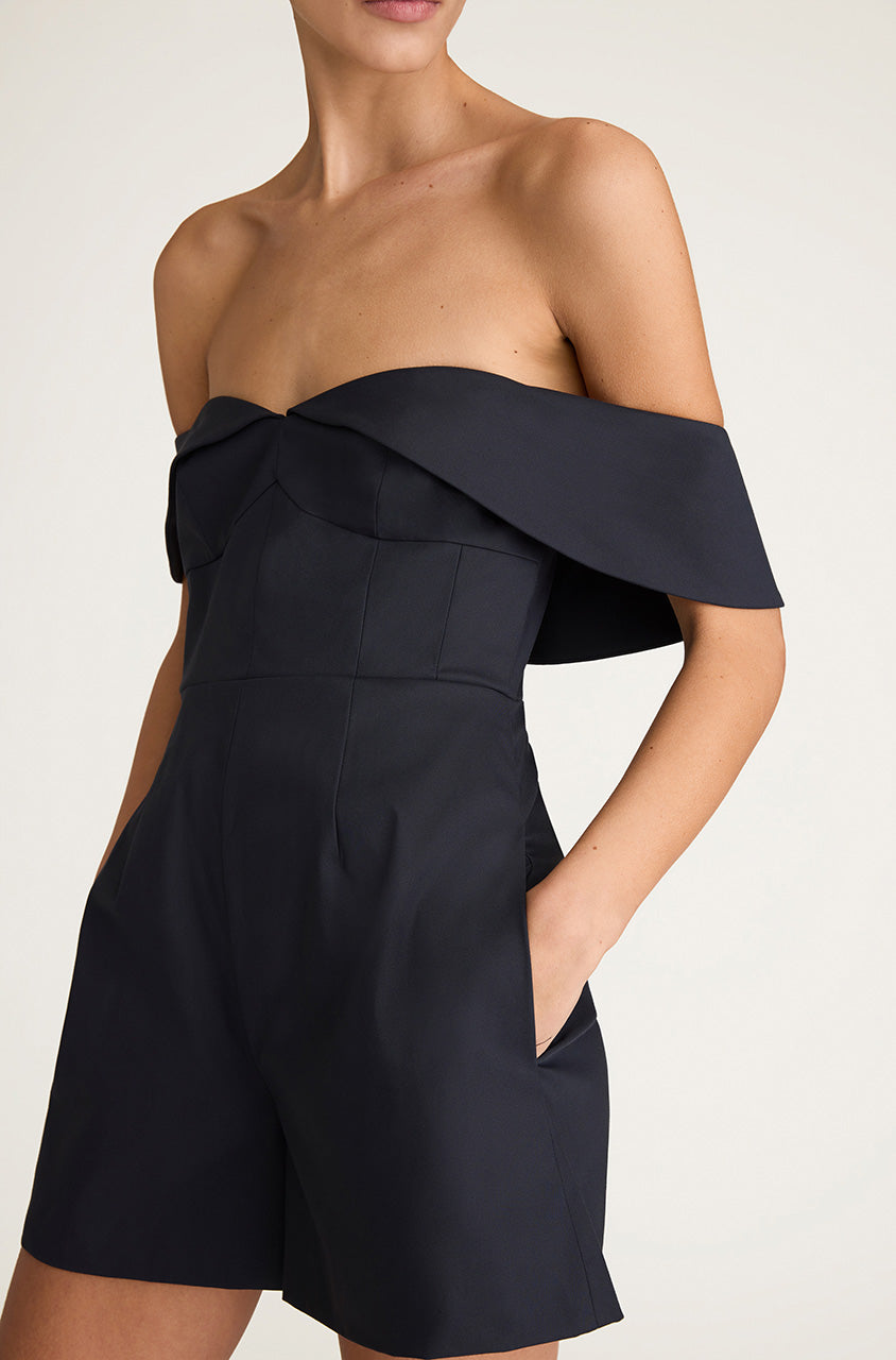 Cotton Sateen Draped Shoulder Romper | Midnight