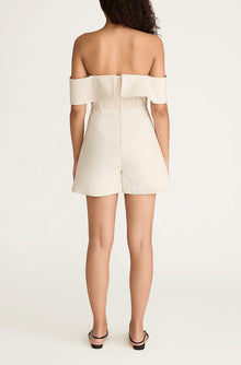 Cotton Sateen Draped Shoulder Romper | Snow
