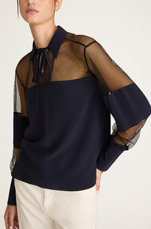 Crepe de Chine and Lace Popover Blouse | Midnight Combo