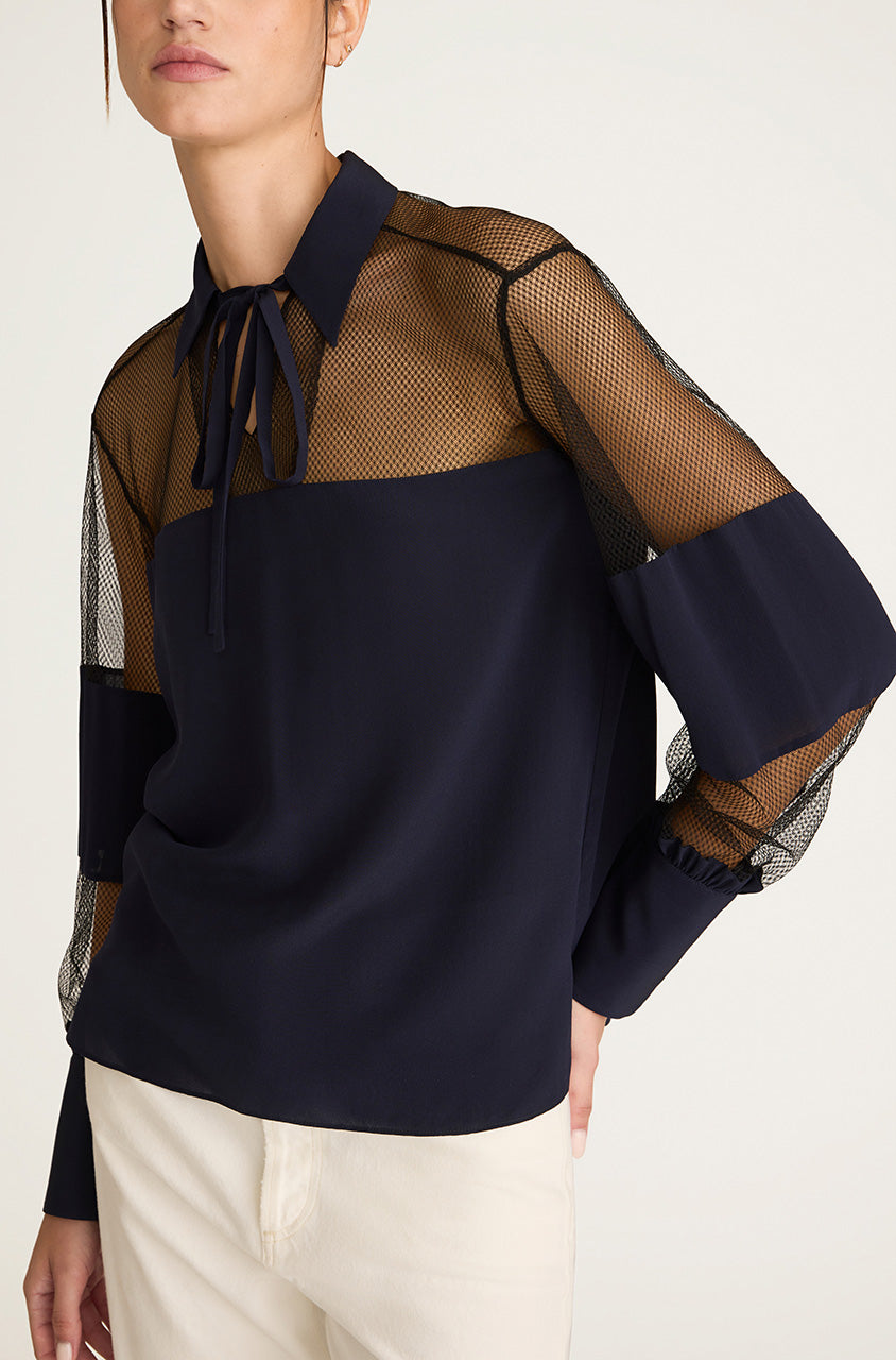 Crepe de Chine and Lace Popover Blouse | Midnight Combo