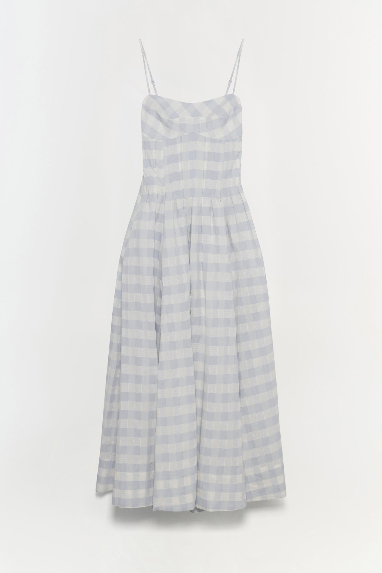 Sleeveless cotton midi dress with blue and white gingham check pattern, sweetheart neckline, and gathered skirt.