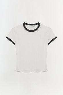 White short-sleeve top with black ribbed crew neckline and sleeve cuffs.