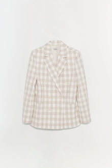 Beige and cream gingham check double-breasted blazer with notch lapels and button front closure.