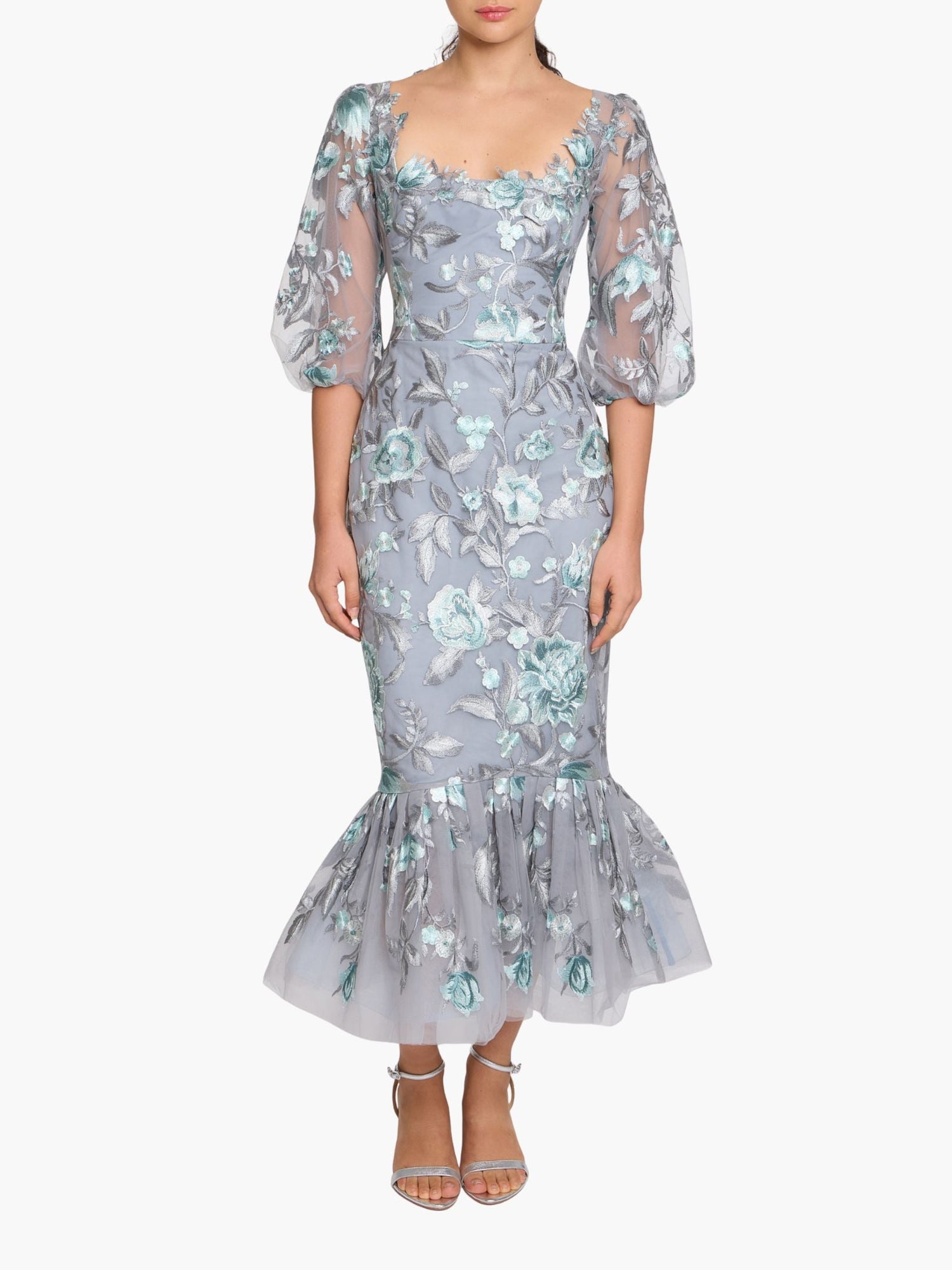 Botanist Bloom Embroidered Puff Sleeve Midi Dress | Mint