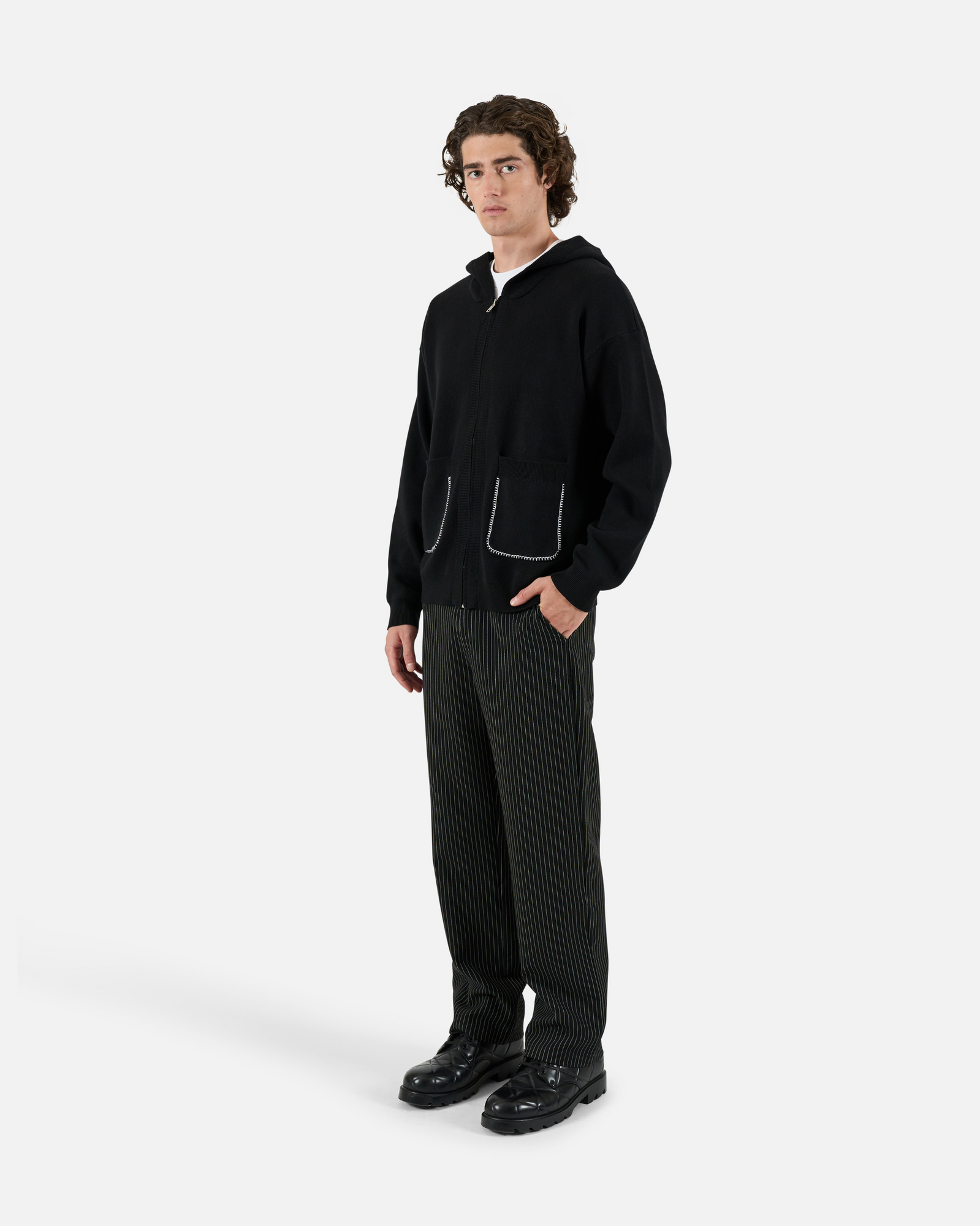 Blanket stitch Knit Zip Hoodie | Black