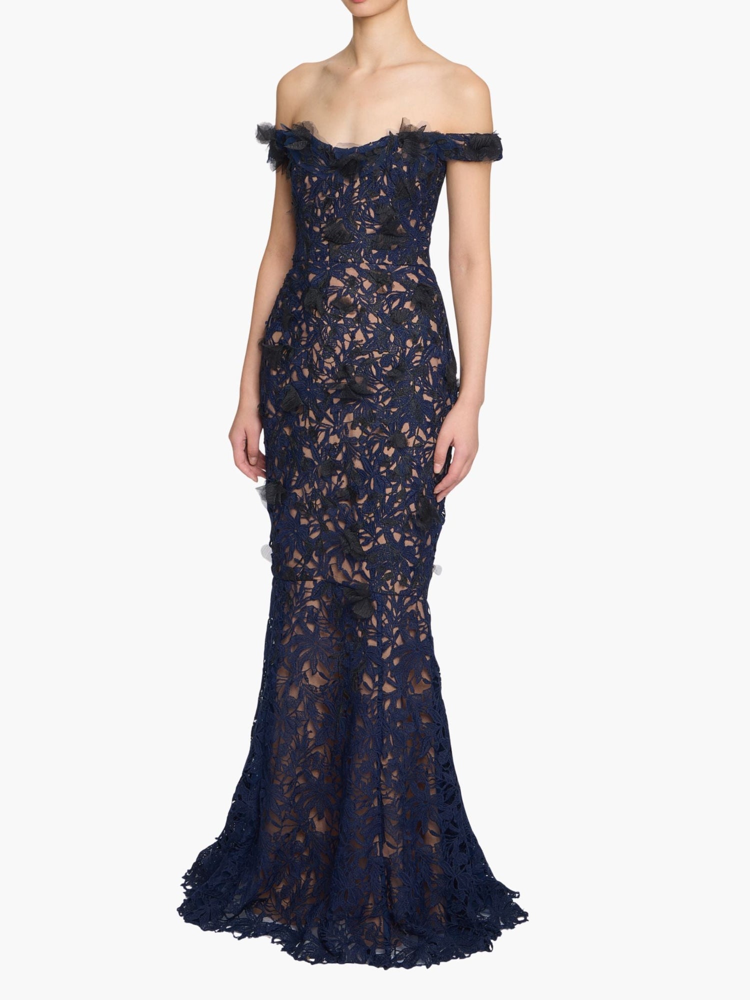 Vivarium Vines Guipure Lace Off Shoulder Gown | Black/Navy