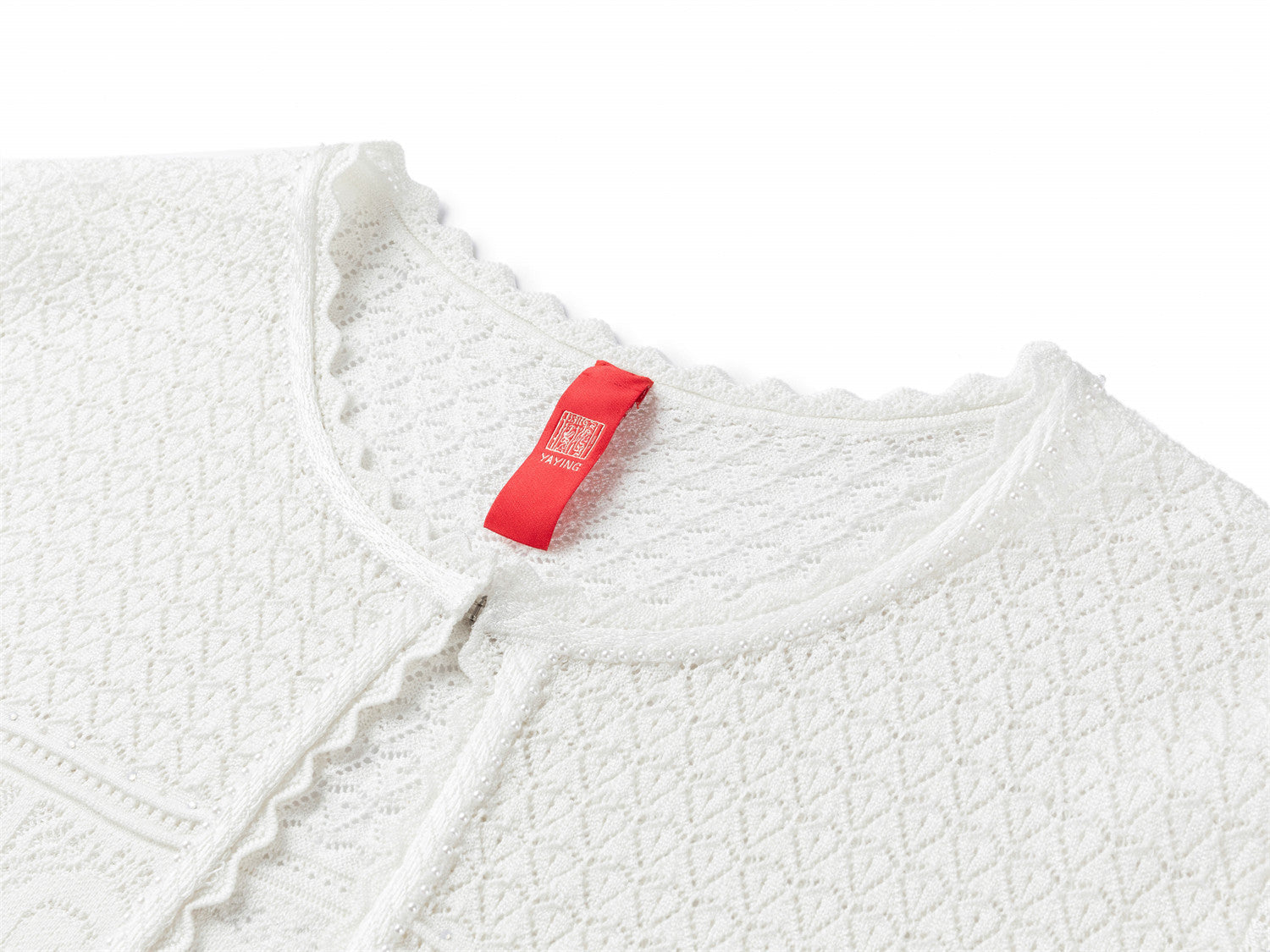 Jacquard Crew Neck Knit Cardigan | White