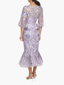 Botanist Bloom Embroidered Puff Sleeve Midi Dress | Lilac