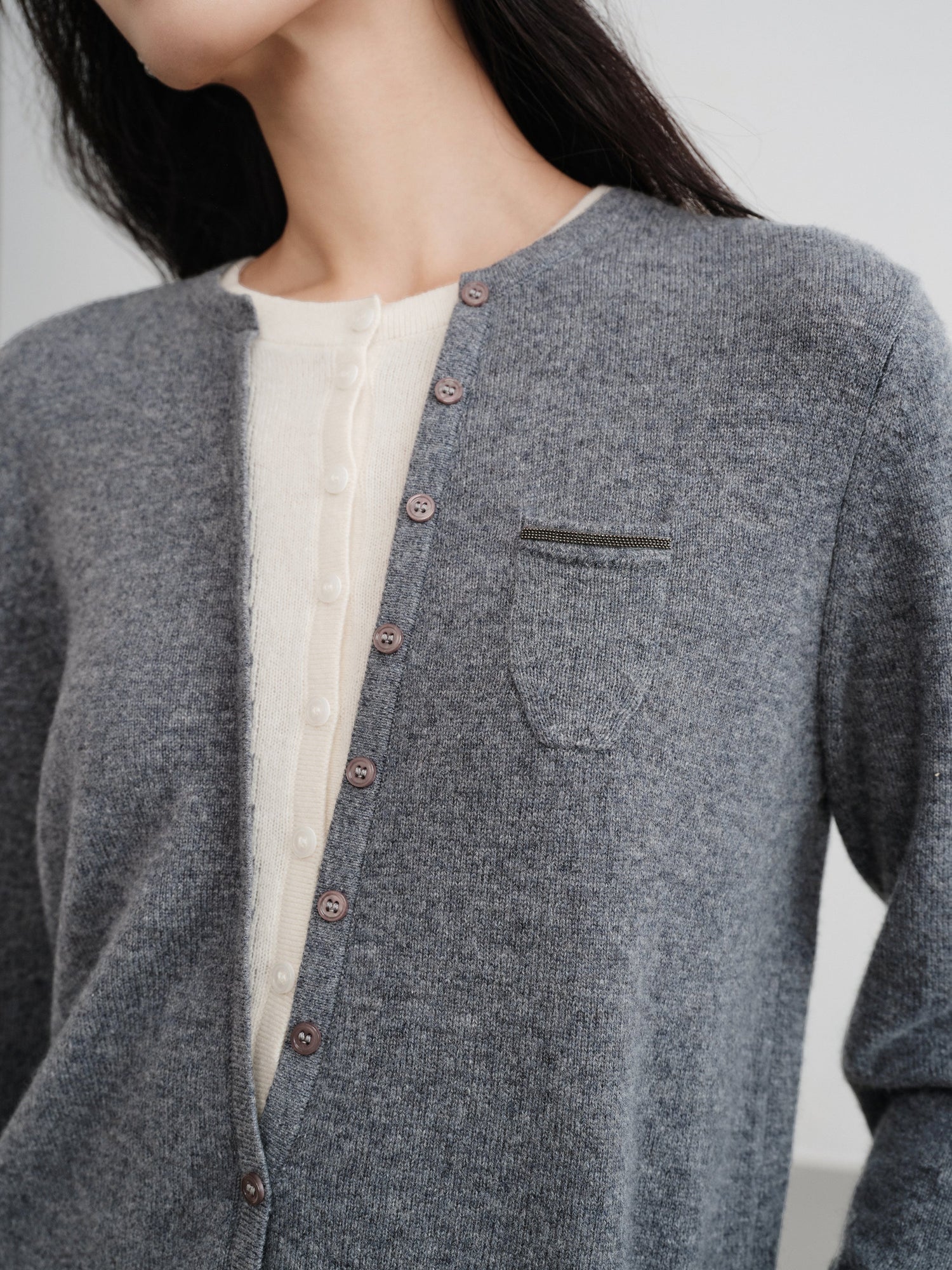Layered Collar Soft Wool Cashmere Old Money Style Sweater | Grey