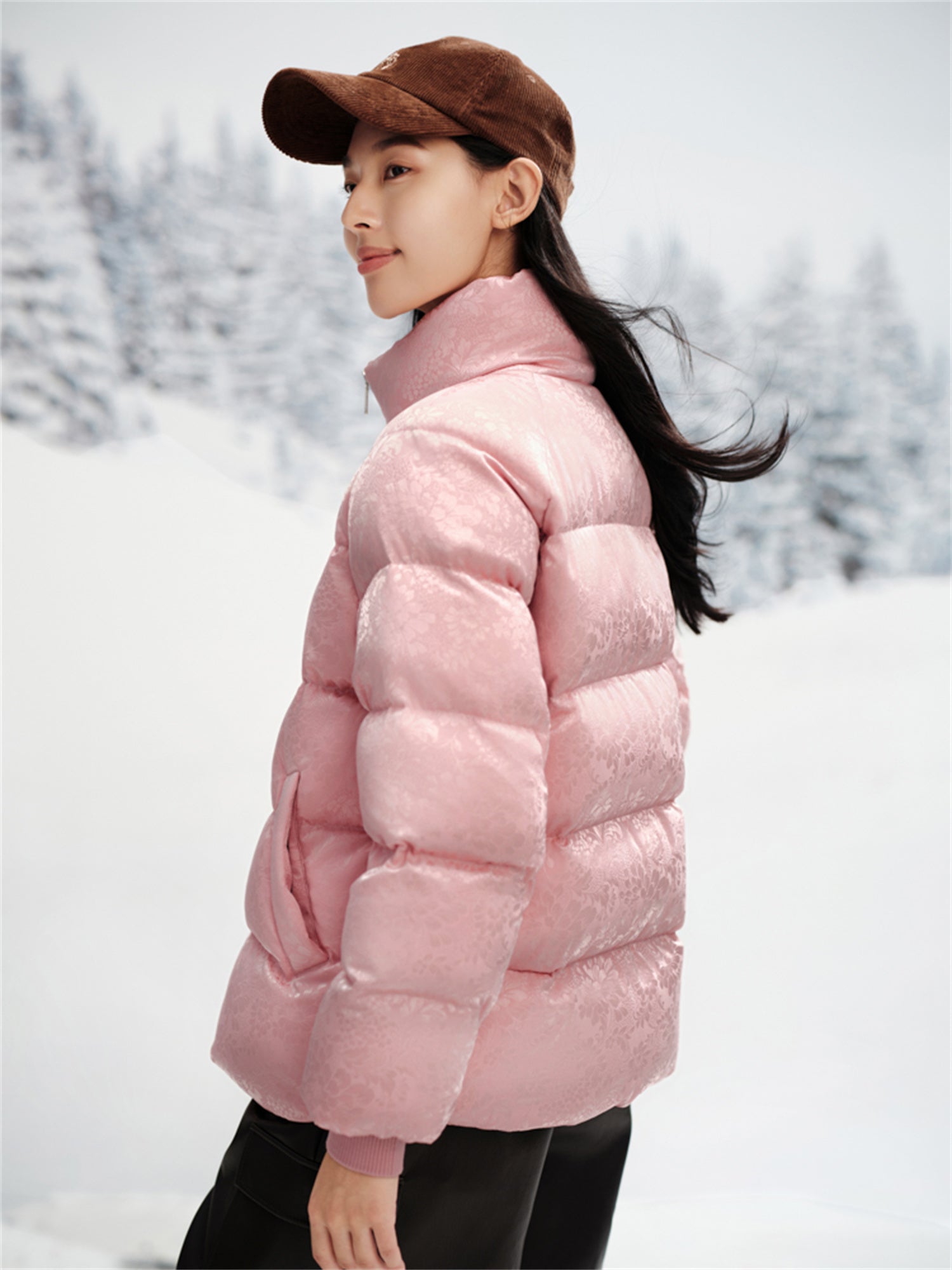 Silk Jacquard Down Coat | Pink