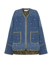 Quilted Crystal Studded Denim Jacket | Bay Blue