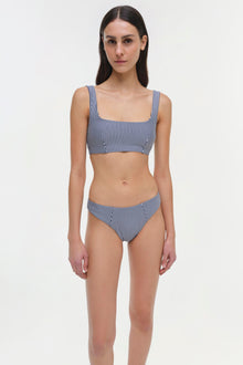 Navy and white striped bikini bottom with high-waisted cut and gathered side details.