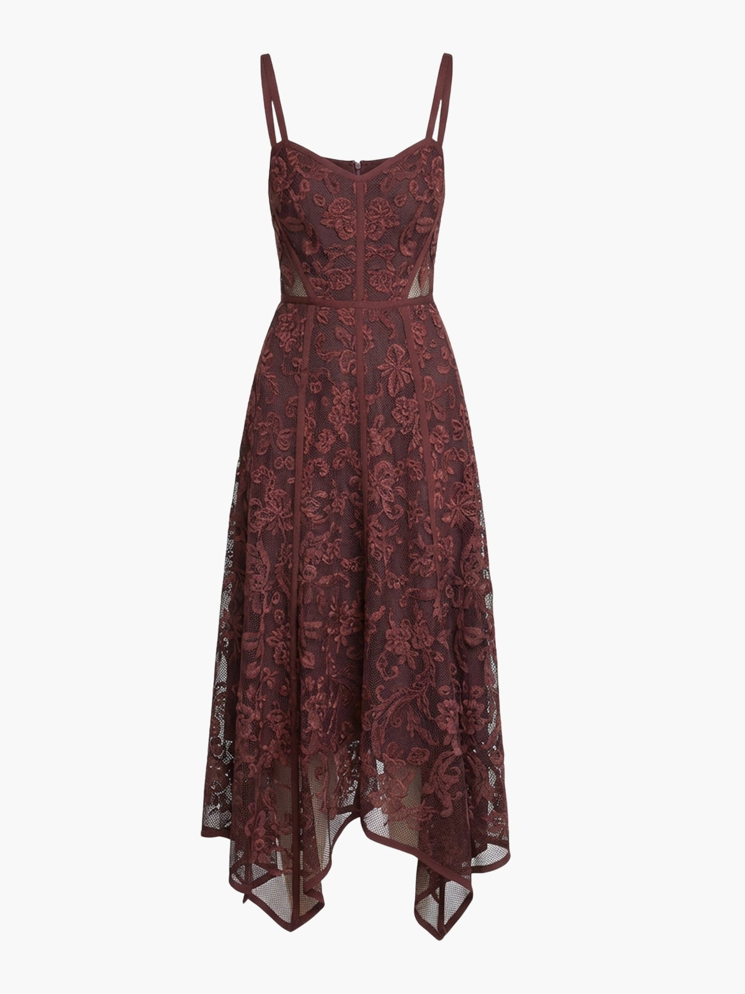 Victorian Corded Lace Ribbon Strap Handkerchief Hem Midi Dress | Brown