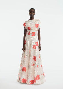 Floral Fil Coupe Draped Shoulder Pleated Gown | Blush Multi