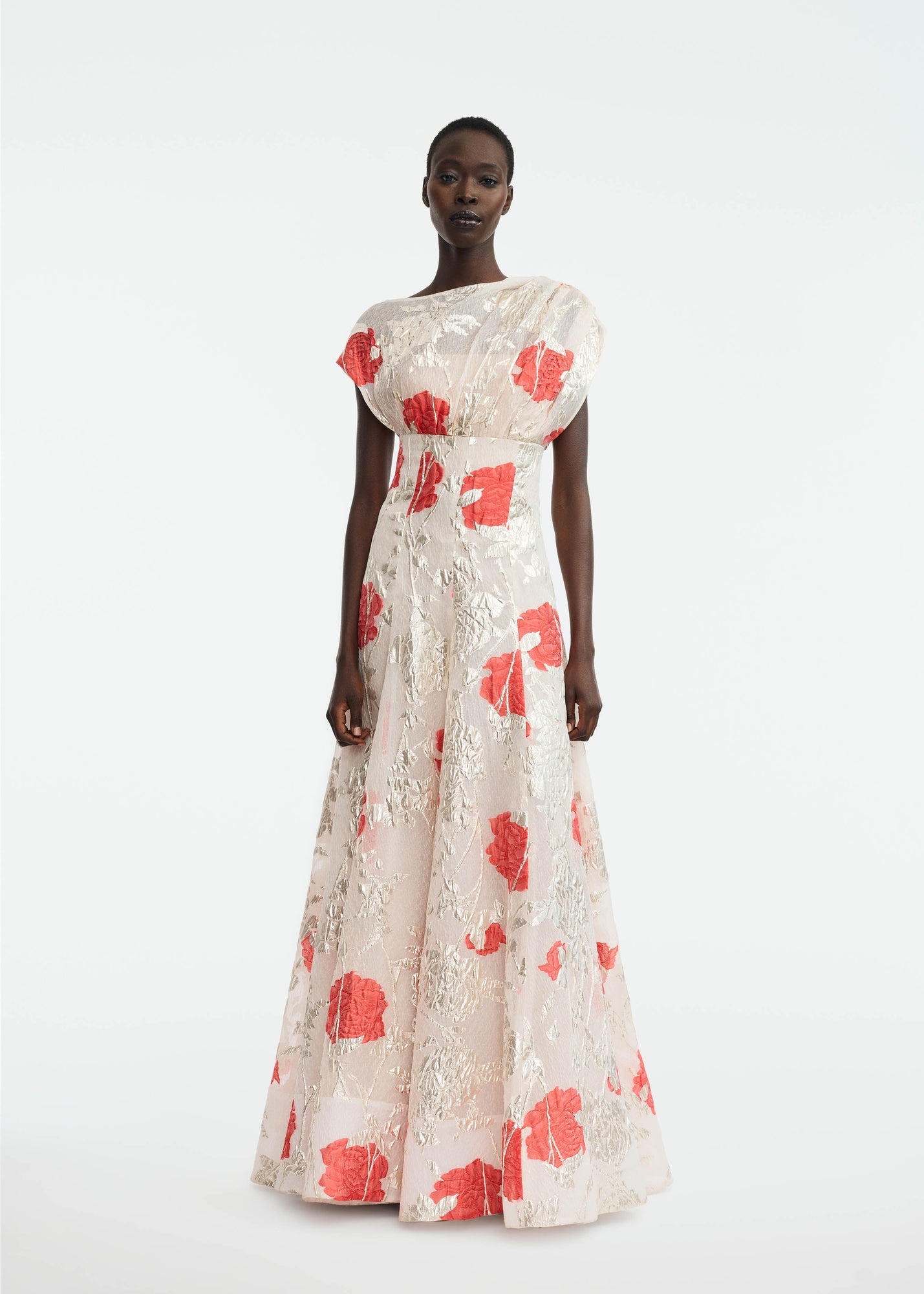 Floral Fil Coupe Draped Shoulder Pleated Gown | Blush Multi