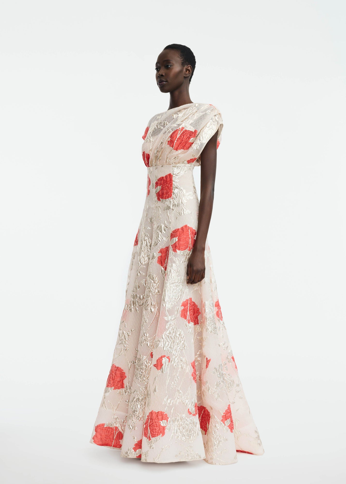 Floral Fil Coupe Draped Shoulder Pleated Gown | Blush Multi