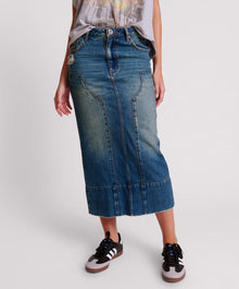 Cassidy Mid Waist Long Denim Column Skirt | Gritty Blue