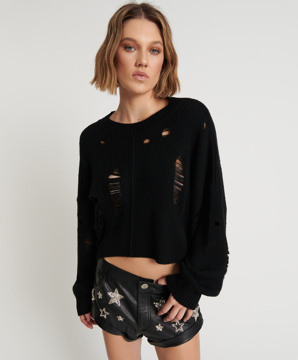 Cropped Hercules Shredded Sweater | Black