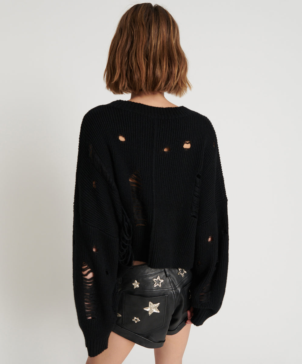 Cropped Hercules Shredded Sweater | Black