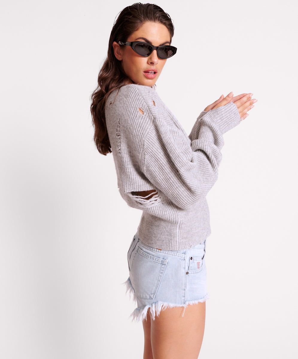 Laddered V-Neck Distressed Sweater | Grey Marle