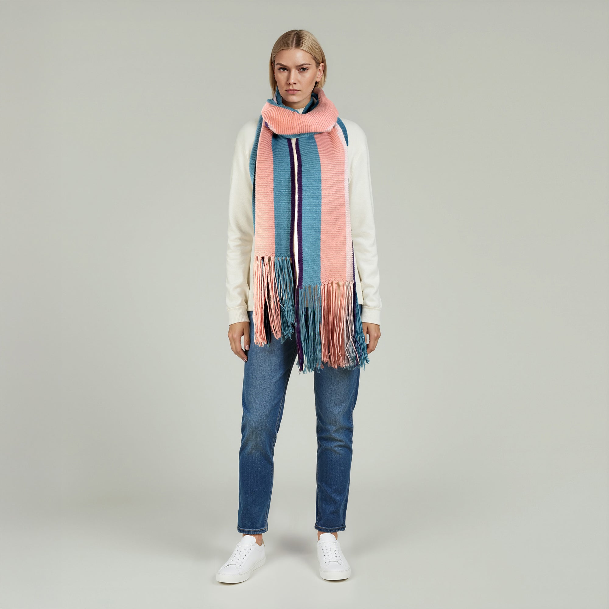 Womens | Maxy Striped Scarf with Fringes | Blue/Aubergine