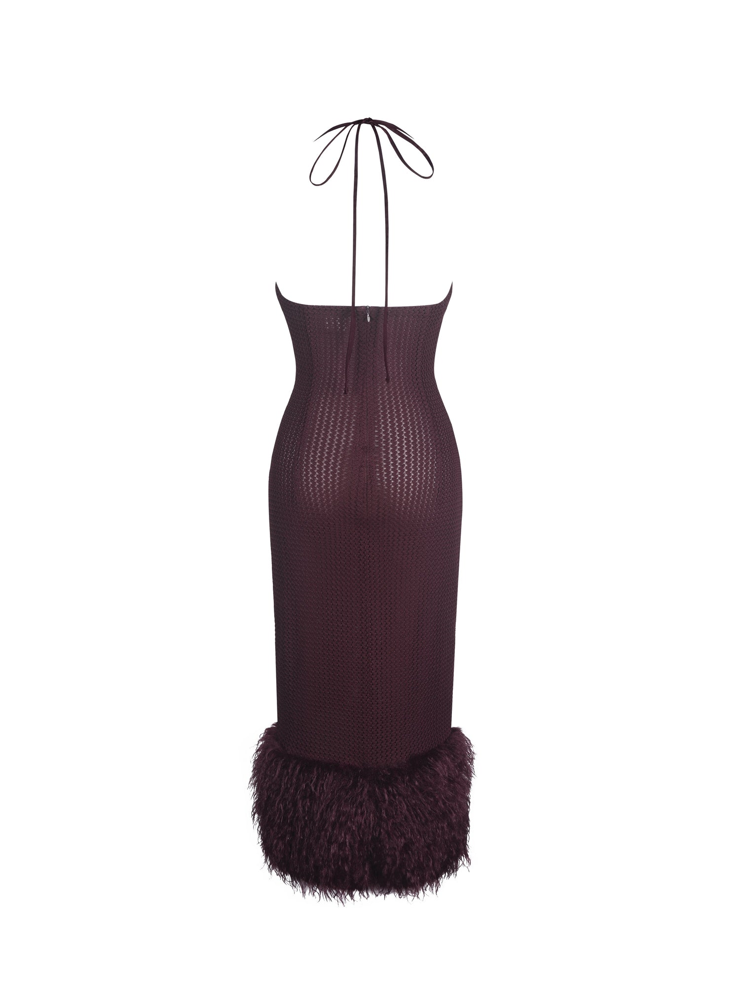 Pluma Halter Faux-Fur Trimmed Midi Dress | Maroon
