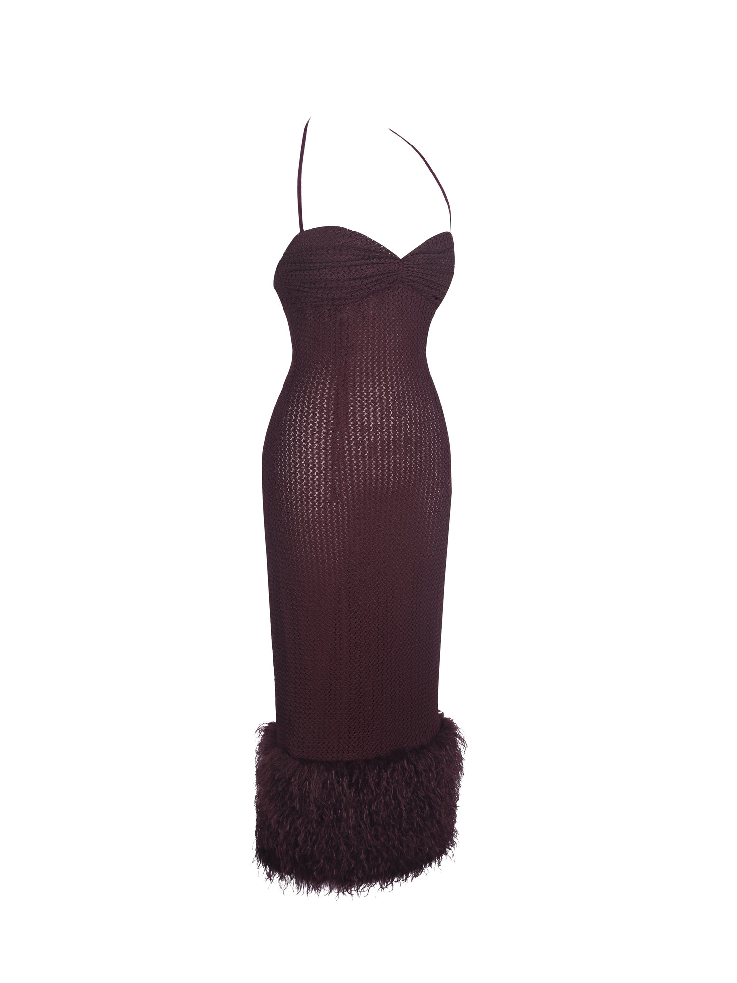 Pluma Halter Faux-Fur Trimmed Midi Dress | Maroon