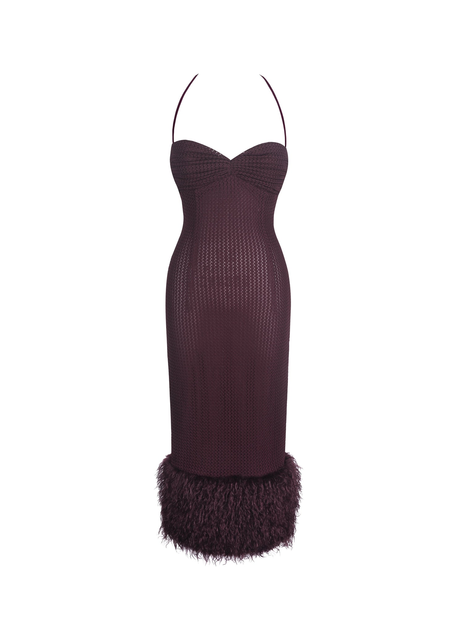 Pluma Halter Faux-Fur Trimmed Midi Dress | Maroon