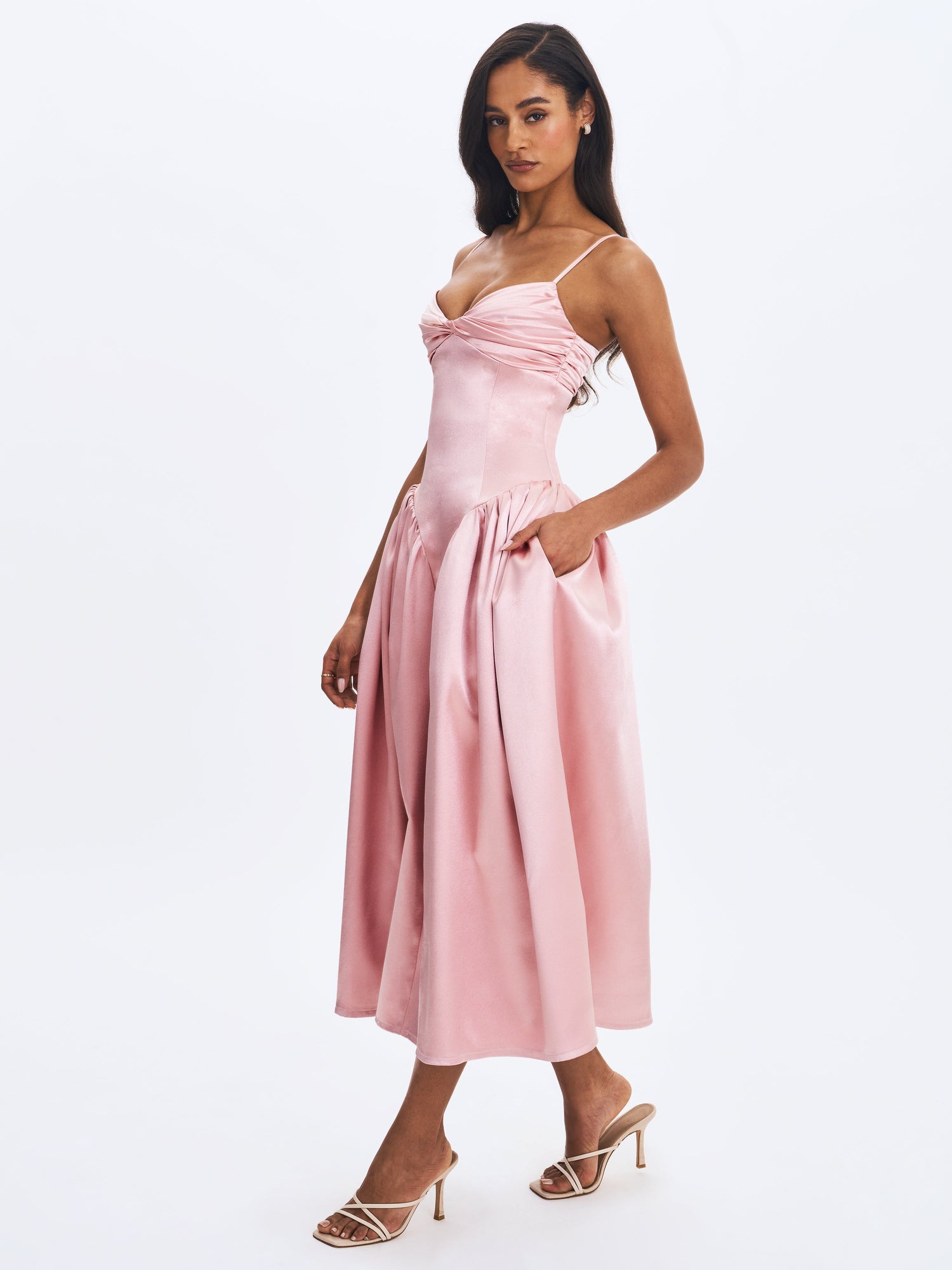 Tullia Satin Ruched Midi Dress | Dusty Rose