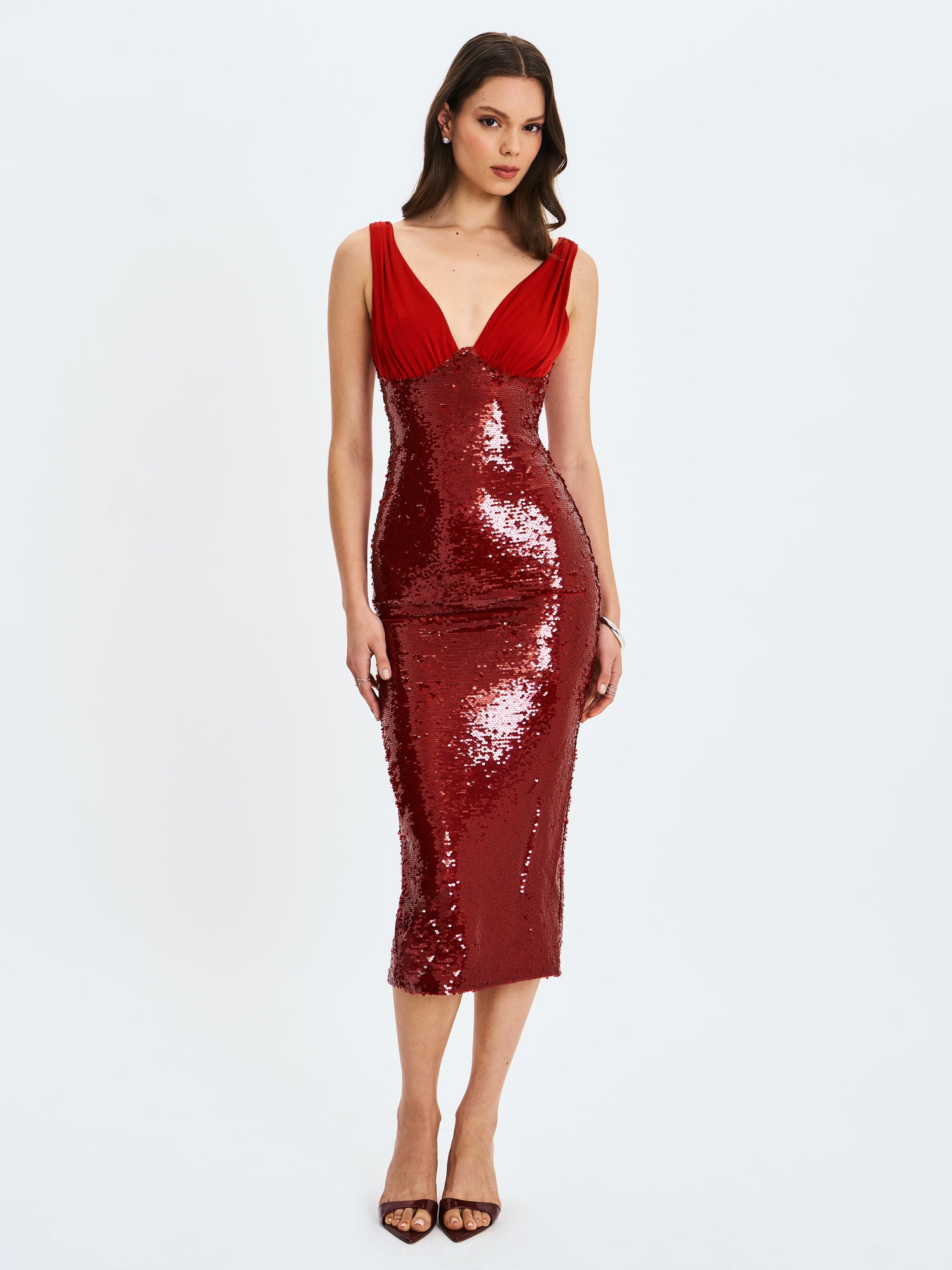 Shanelle Sequin Plunging Midi Dress | Crimson