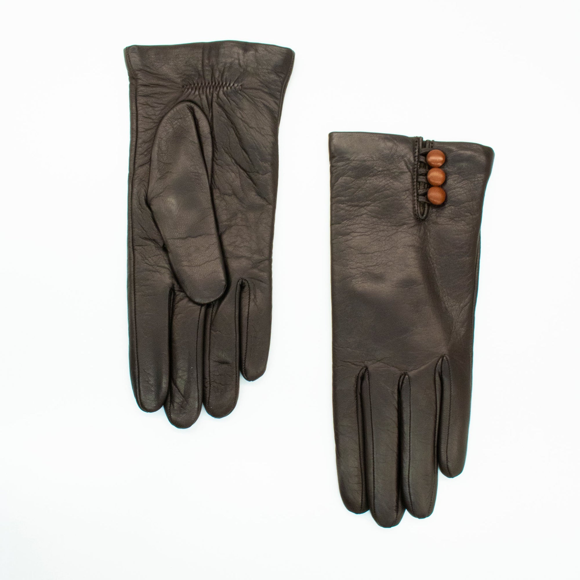 Leather Gloves With Contrast Buttons | Teak/Tobacco