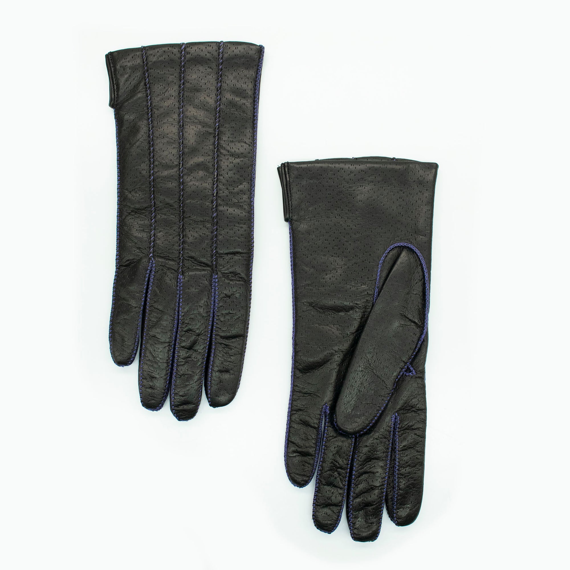 Womens | Leather Gloves with Contrast Color Stitch And Lining | Black/Purple