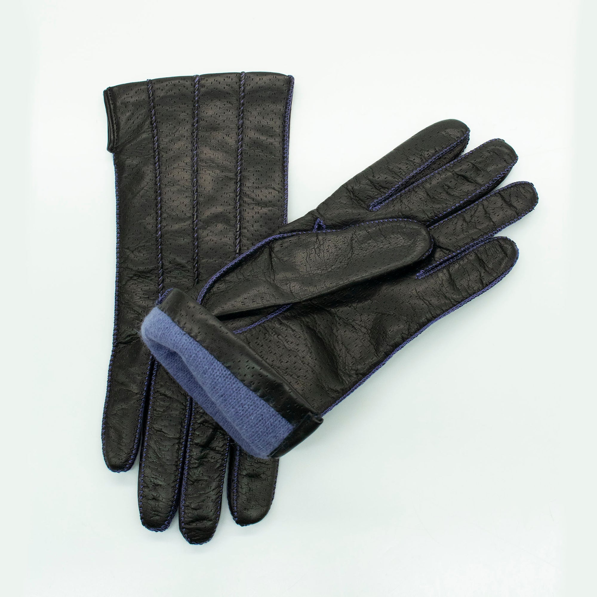 Womens | Leather Gloves with Contrast Color Stitch And Lining | Black/Purple