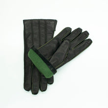 Womens | Leather Gloves with Contrast Color Stitch And Lining | Black/Green