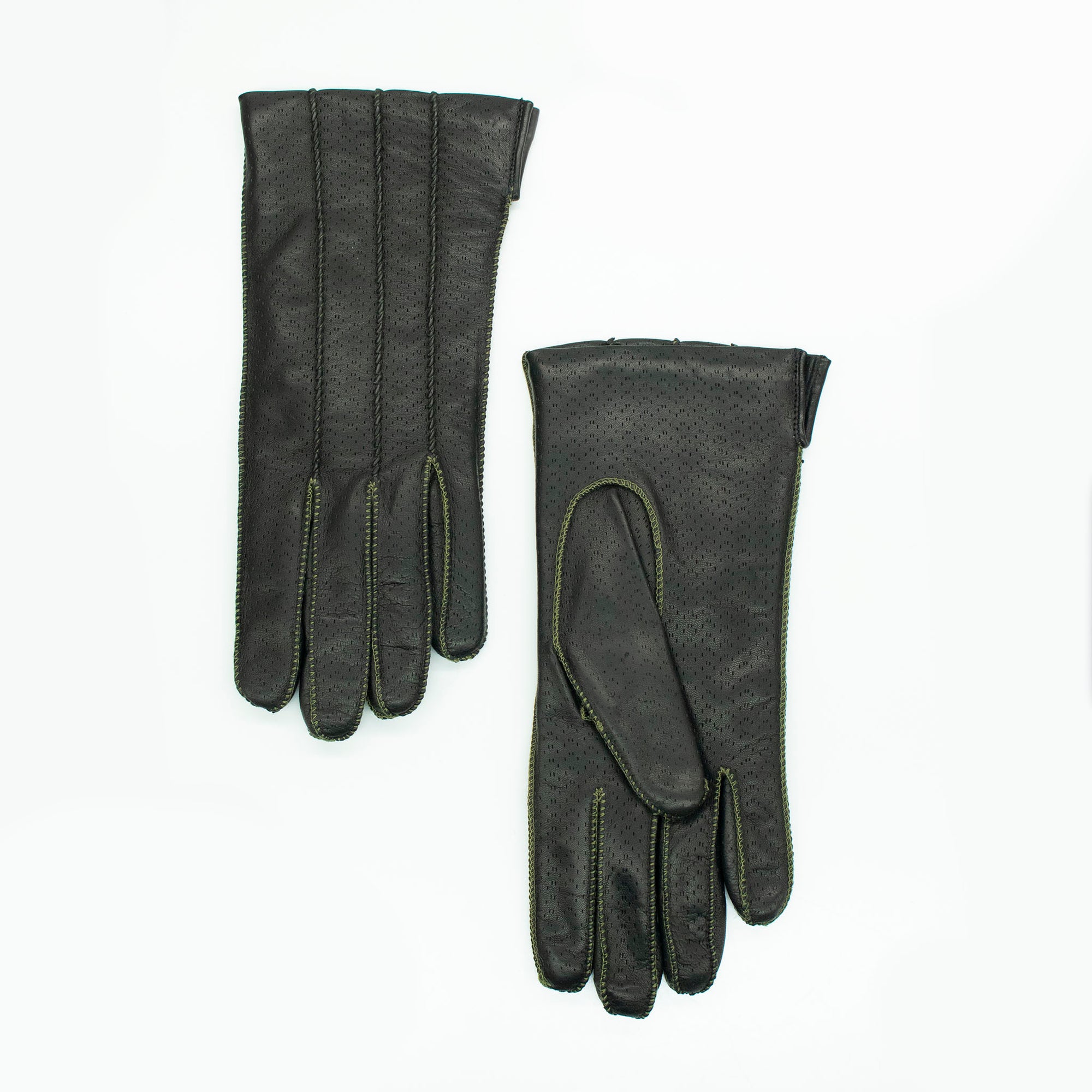Womens | Leather Gloves with Contrast Color Stitch And Lining | Black/Green