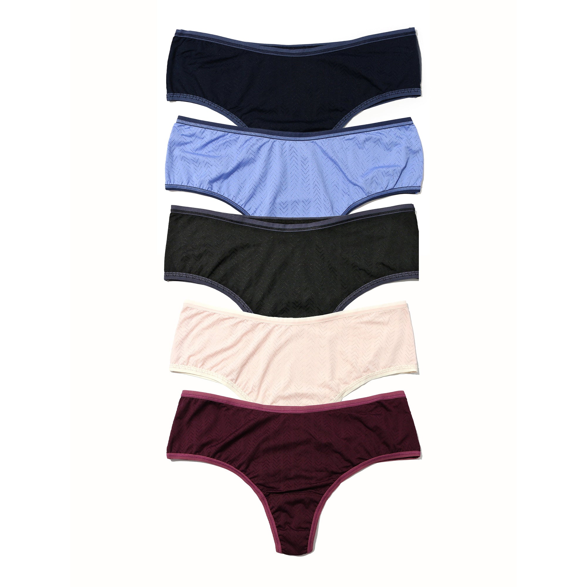 5Pack Movecalm Hi-Rise Thong | Black x Granite, Cool Water x Bicostal, Pearl x Marshmallow, Blackberry Crumble x Waterfall Blue, Dried Cherry x Damson Plum