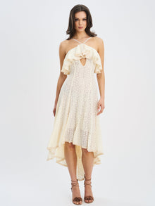 Idra Lace Trim Sleeveless Crochet Midi Trailing Dress | Beige