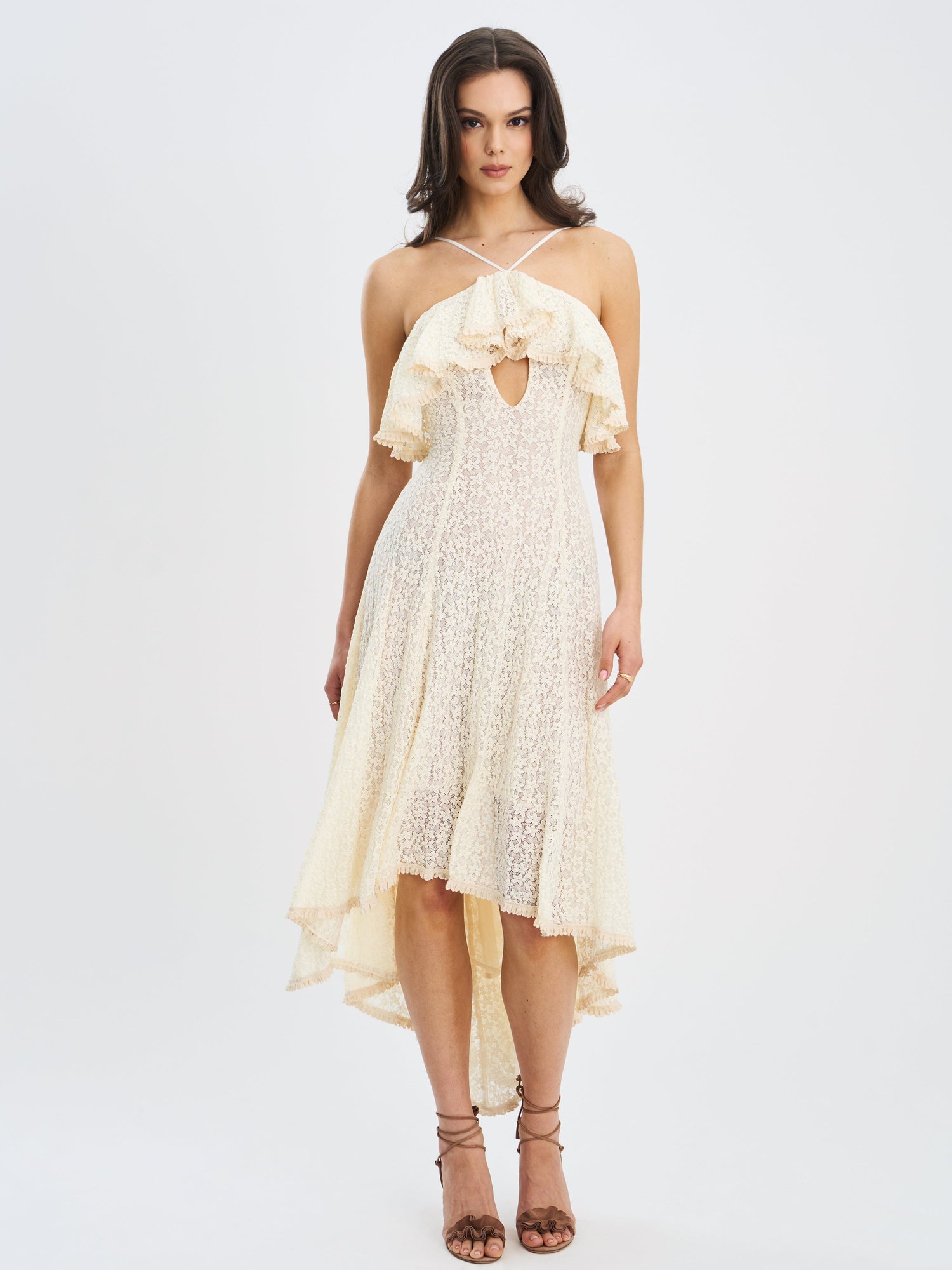 Idra Lace Trim Sleeveless Crochet Midi Trailing Dress | Beige
