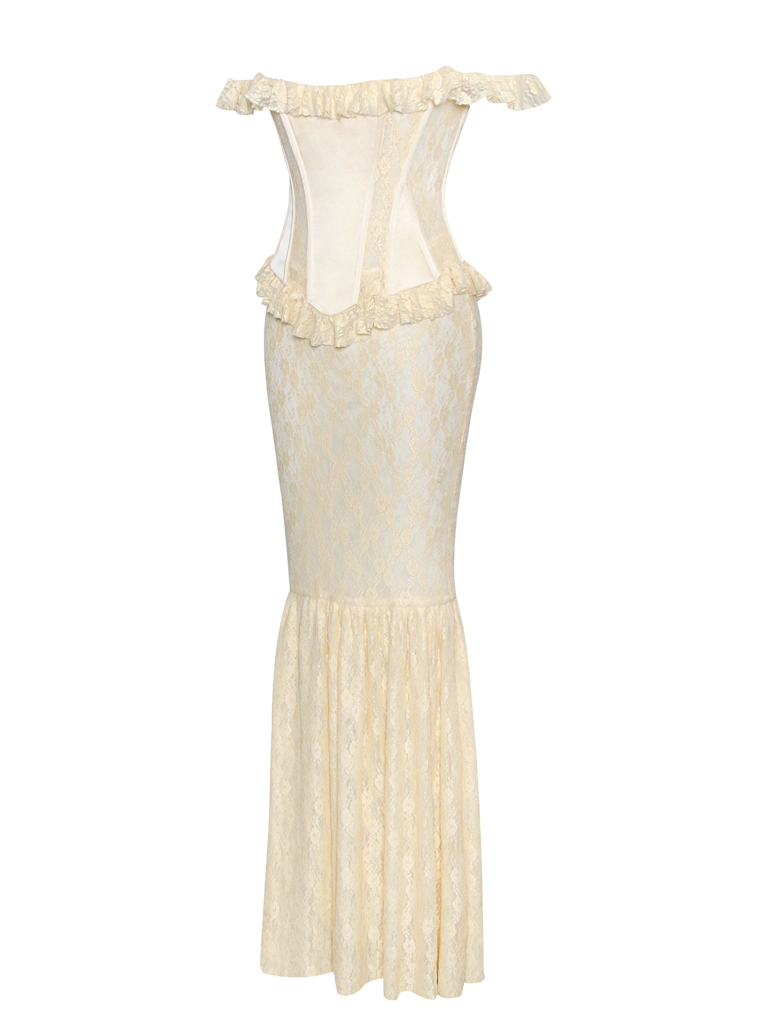 Ersilia Satin Lace Peplum Corset Off Shoulder Maxi Dress | Pale Yellow