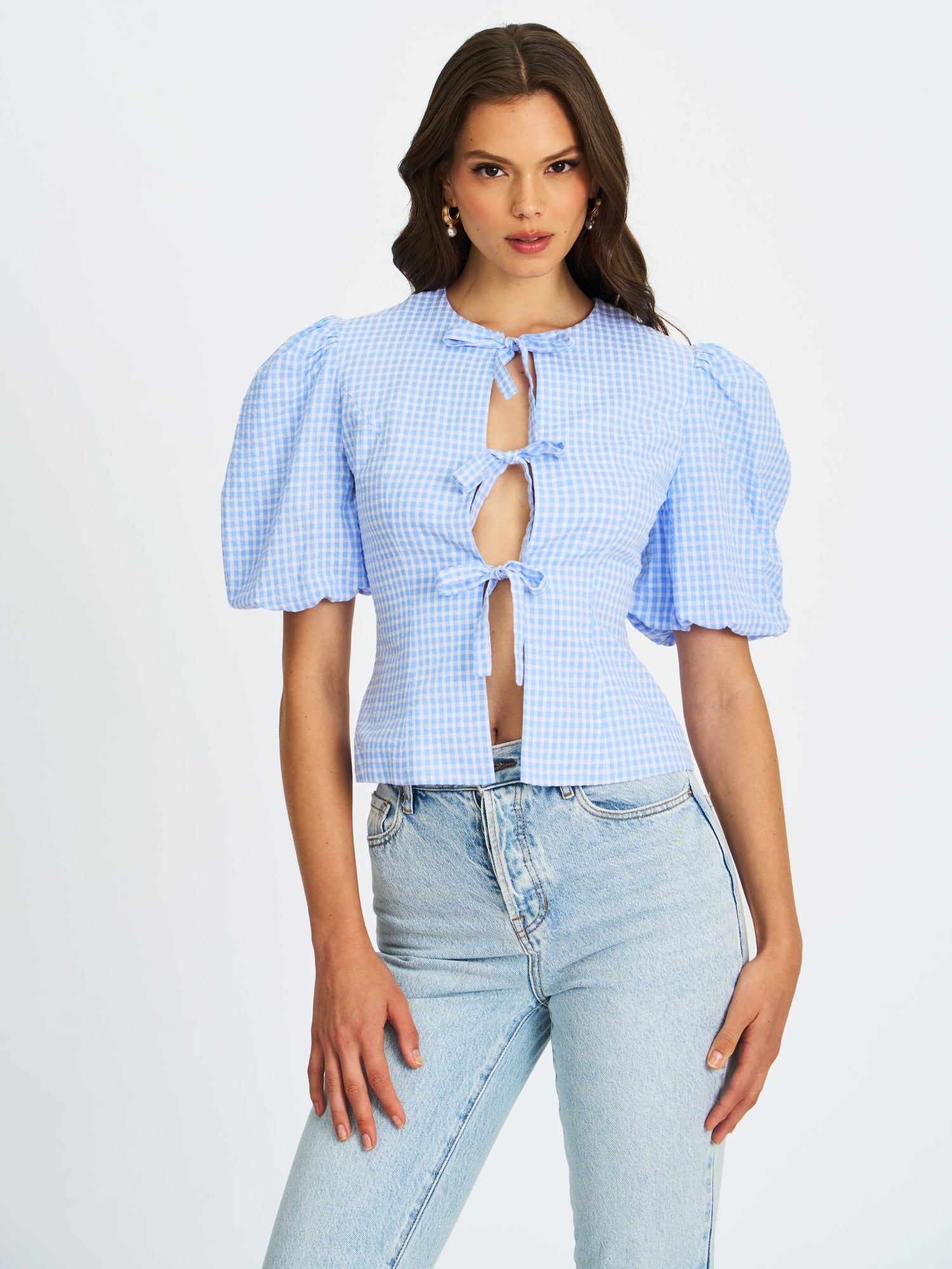 Qusayla Cotton Bubble Sleeve Bowtie Top | Baby Blue Gingham