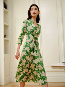 Silk Floral Midi Dress | Vibrant Green/White