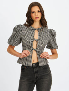 Qusayla Cotton Bubble Sleeve Bowtie Top | Black Gingham