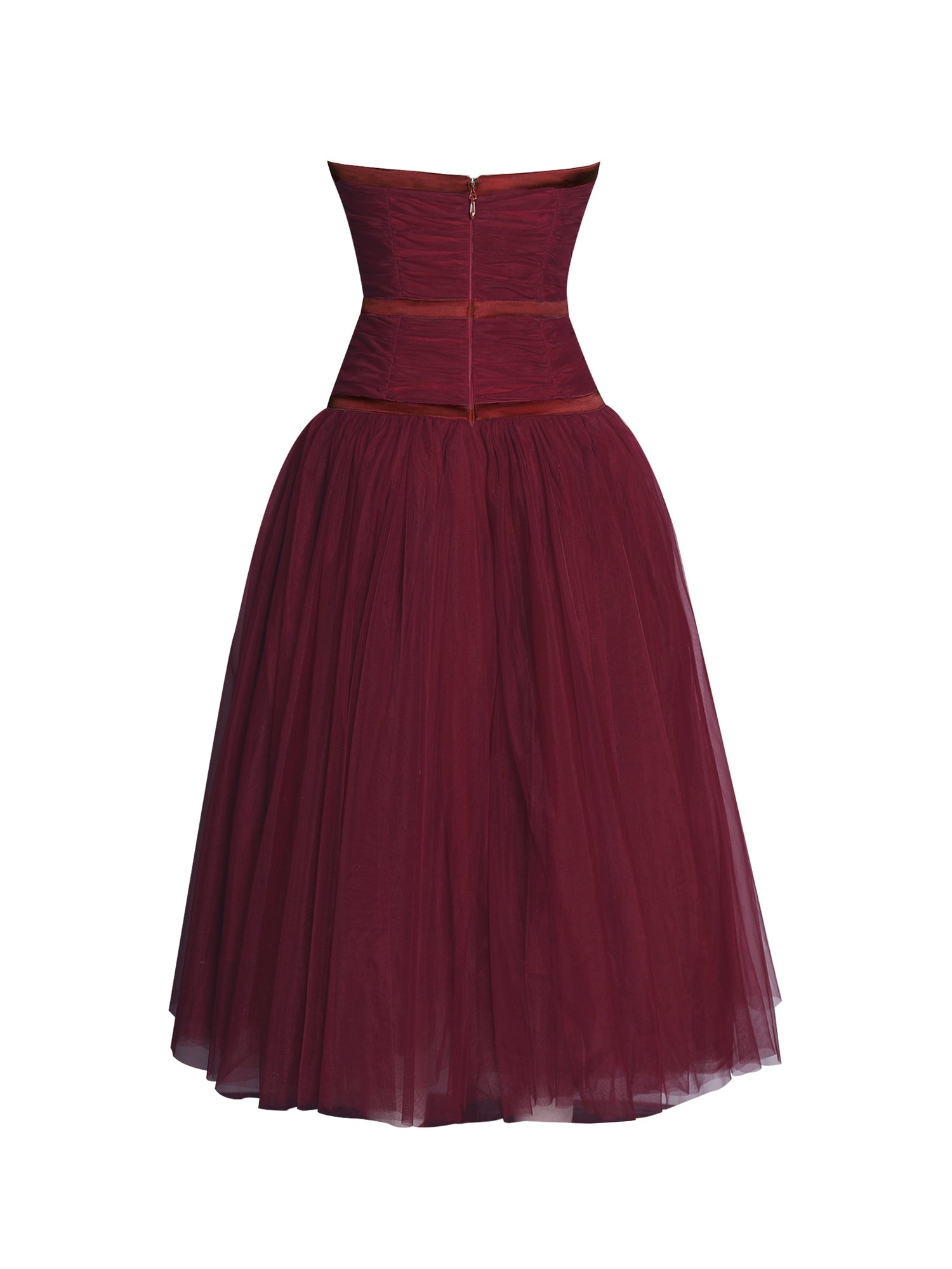 Mabel Drop Waist Layered Mesh Midi Puffy Dress with Bow | Burgundy