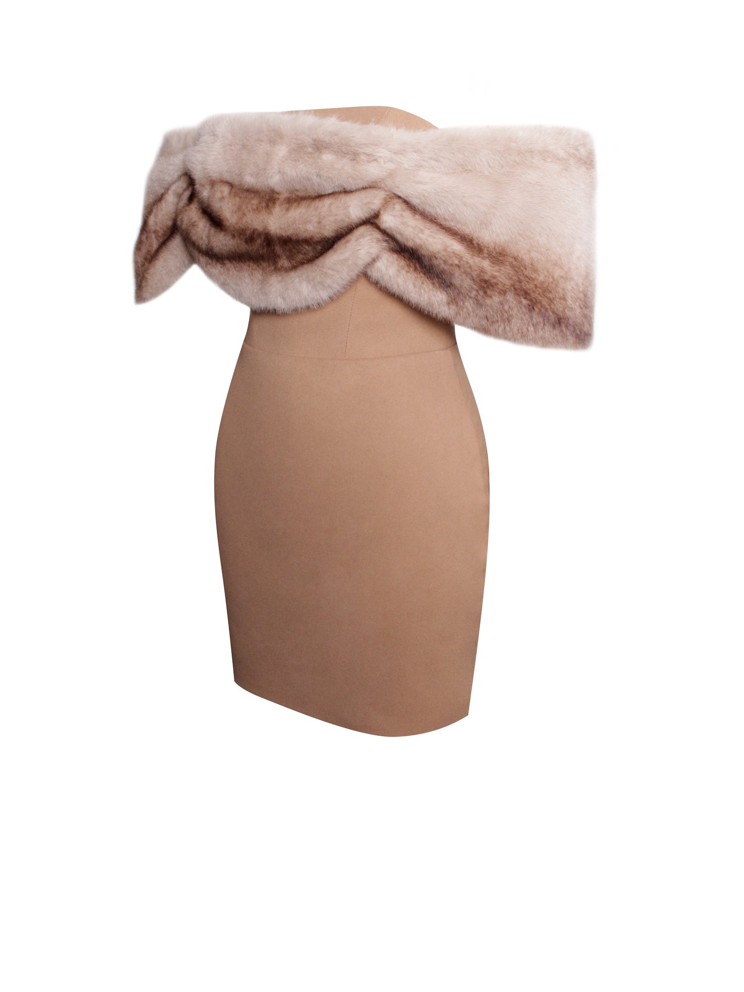 Nadira Off Shoulder Fur Trim Mini Dress | Beige