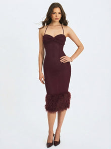 Pluma Halter Faux-Fur Trimmed Midi Dress | Maroon