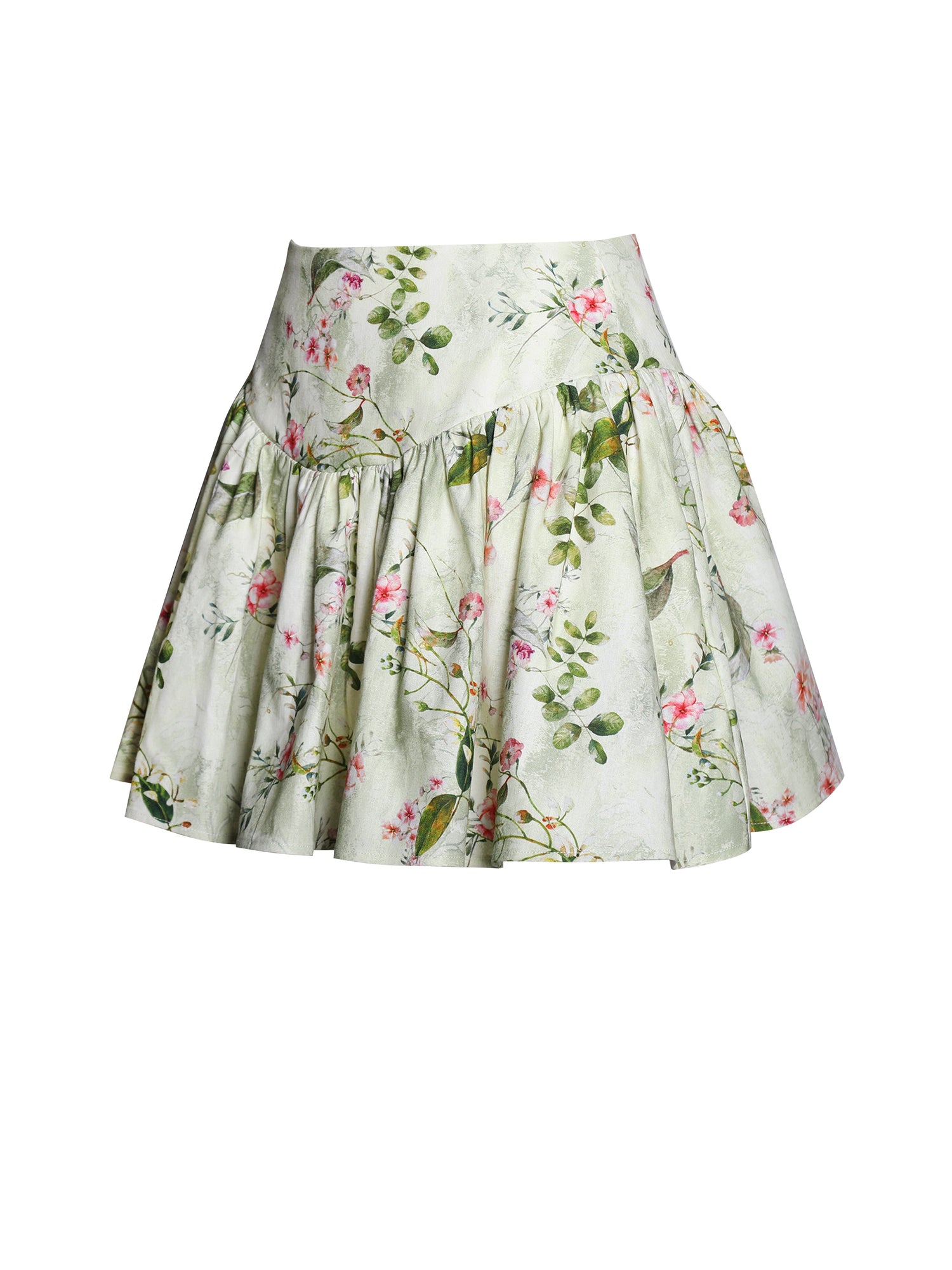 Zanelle Floral Print Drop Waist Linen Full Skirt | Green