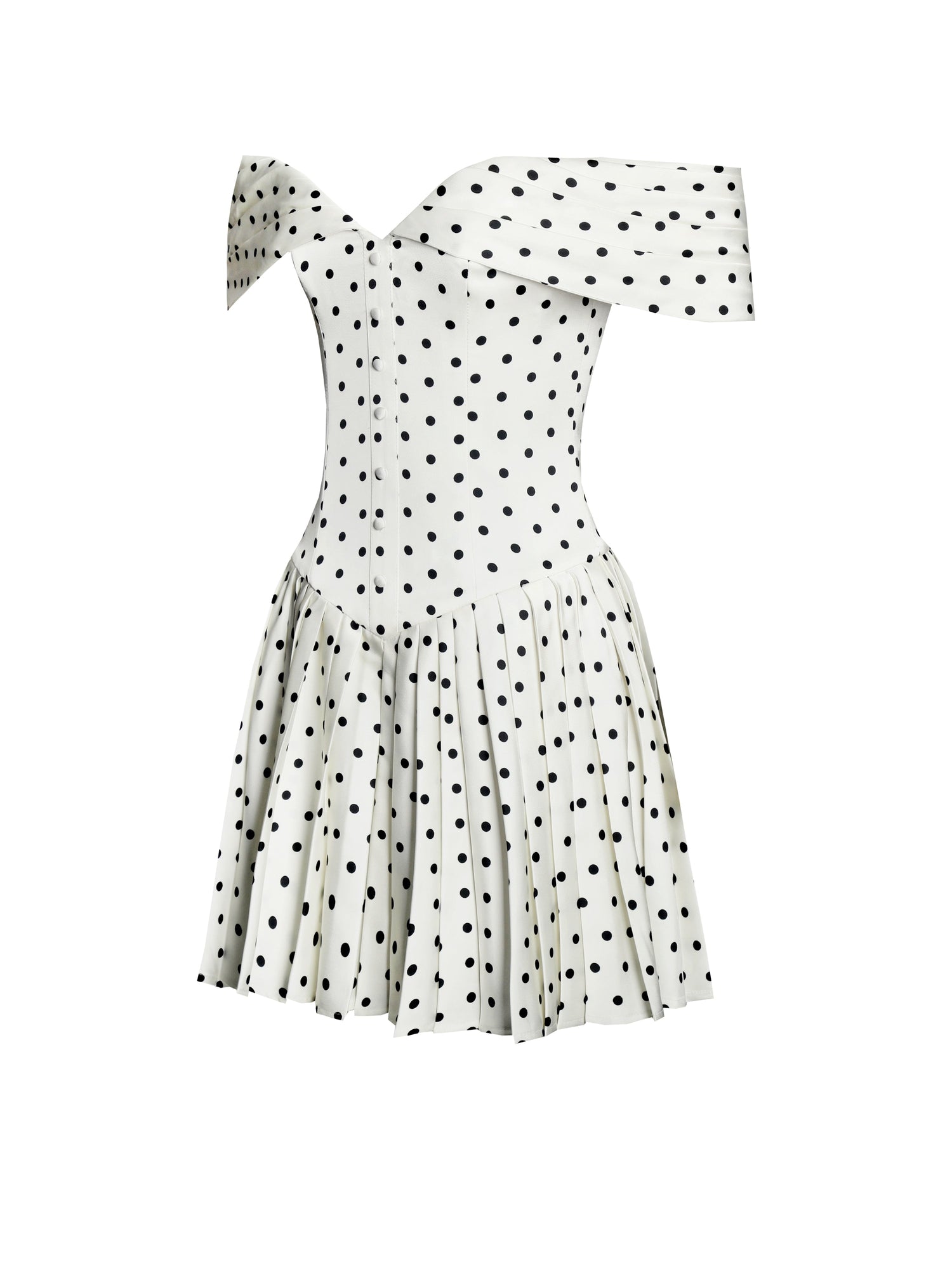 Edeline Polka Dot Off-shoulder Pleated Mini Dress | Black and White Polka Dot