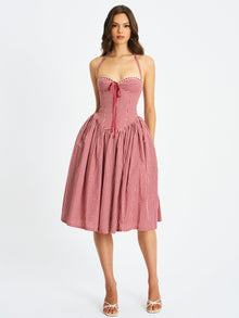 Susanna Red Cotton Gingham Drop Waist Midi Dress | Red Gingham